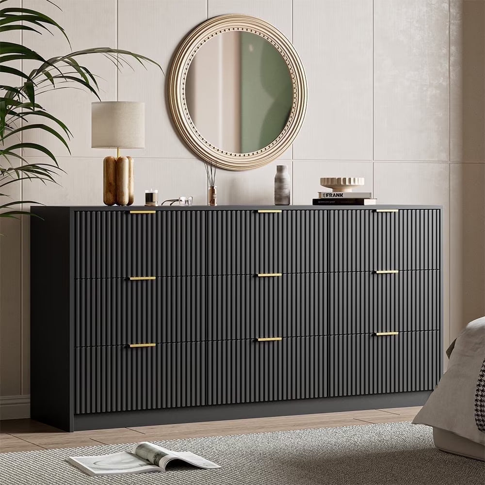 Furniway Fluted Large 9-Drawer Black Dresser