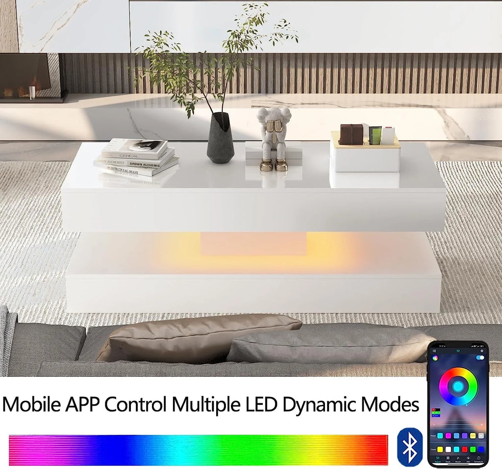 ChVans Large Black LED Coffee Table with 2 Storage Drawers, Modern High Gloss Coffee Table w/20 Colors LED Lights/APP Control, 2 Tiers Rectangle Large Living Room Furniture w/Marbling Print(47.3")