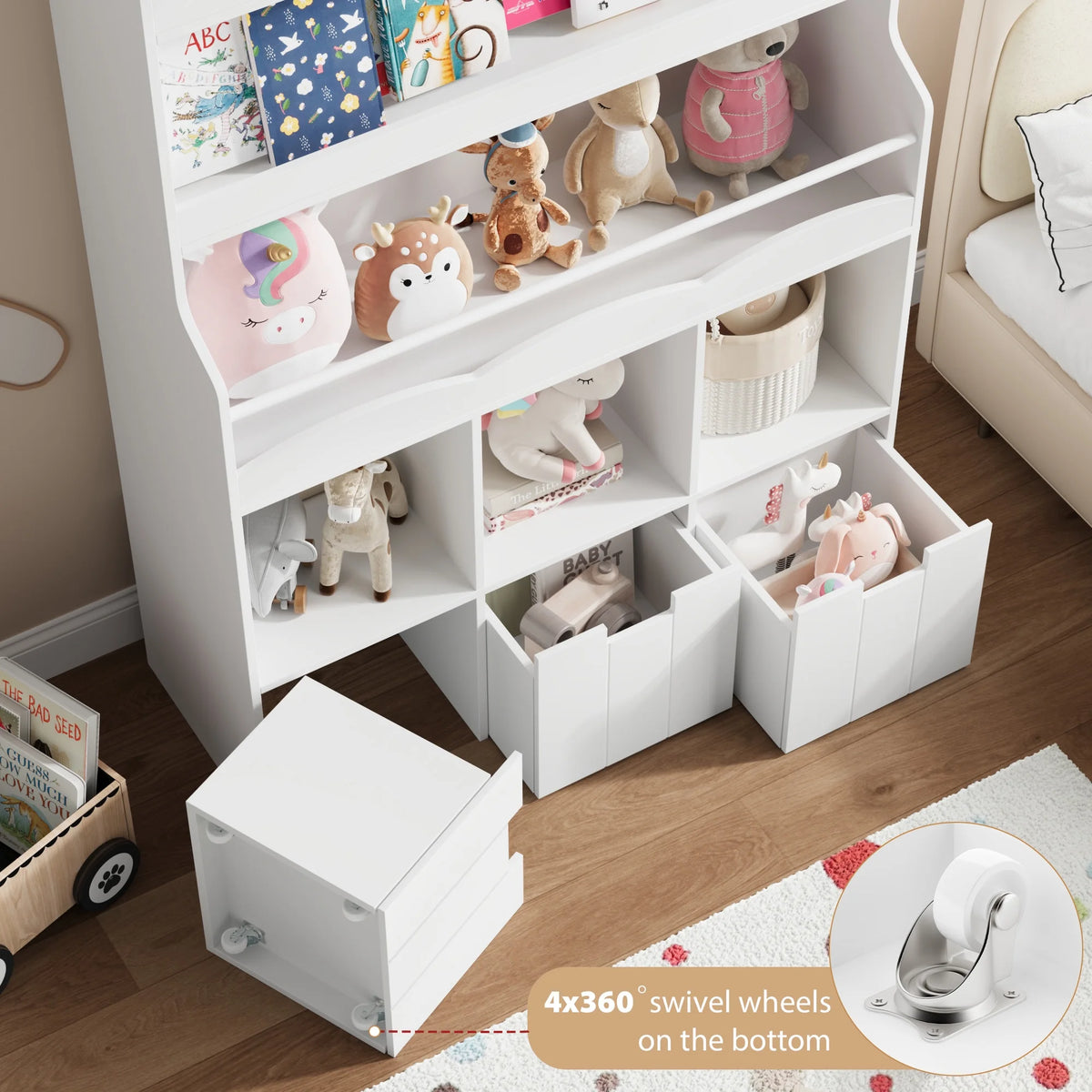 Homfa 55.5 H Kids Bookshelf with 2-Tier Book Shelves, Children Toy Organizer with 3 Cubes and Removable Drawers, White