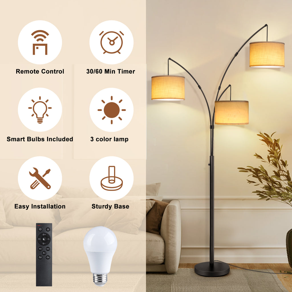 Netin 80 3-Light Modern Dimmable Black Arc Floor Lamp with Beige Shades