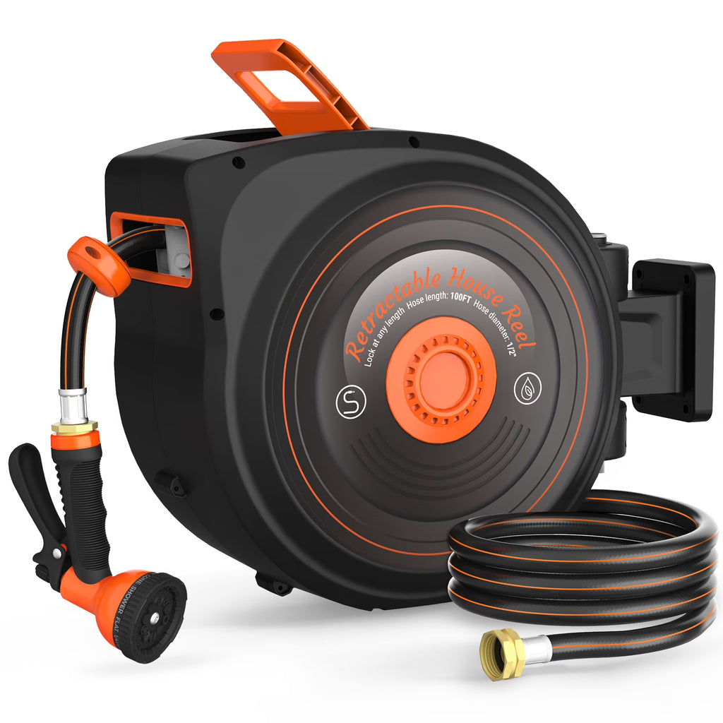 Retractable Garden Hose Reel 1/2 in x 100 ft, Auto-Rewind & Any Length Lock, 180 Swivel Heavy Duty Hose Reel Wall Mount for Outside, 10 Spray Patterns, UV-Resistant