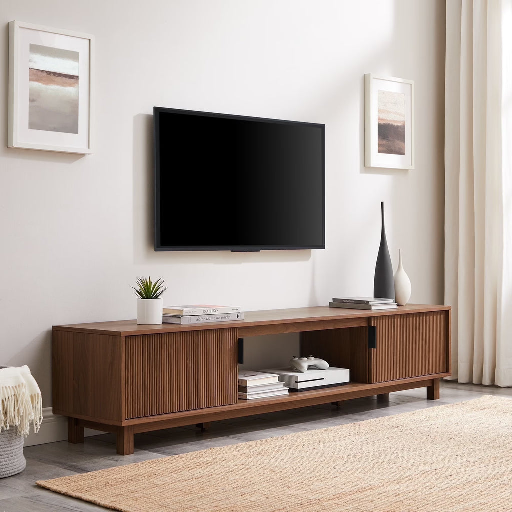 Walker Edison Mid-Century Modern Reeded 2-Door TV Stand for TVs up to 80, Coastal Oak