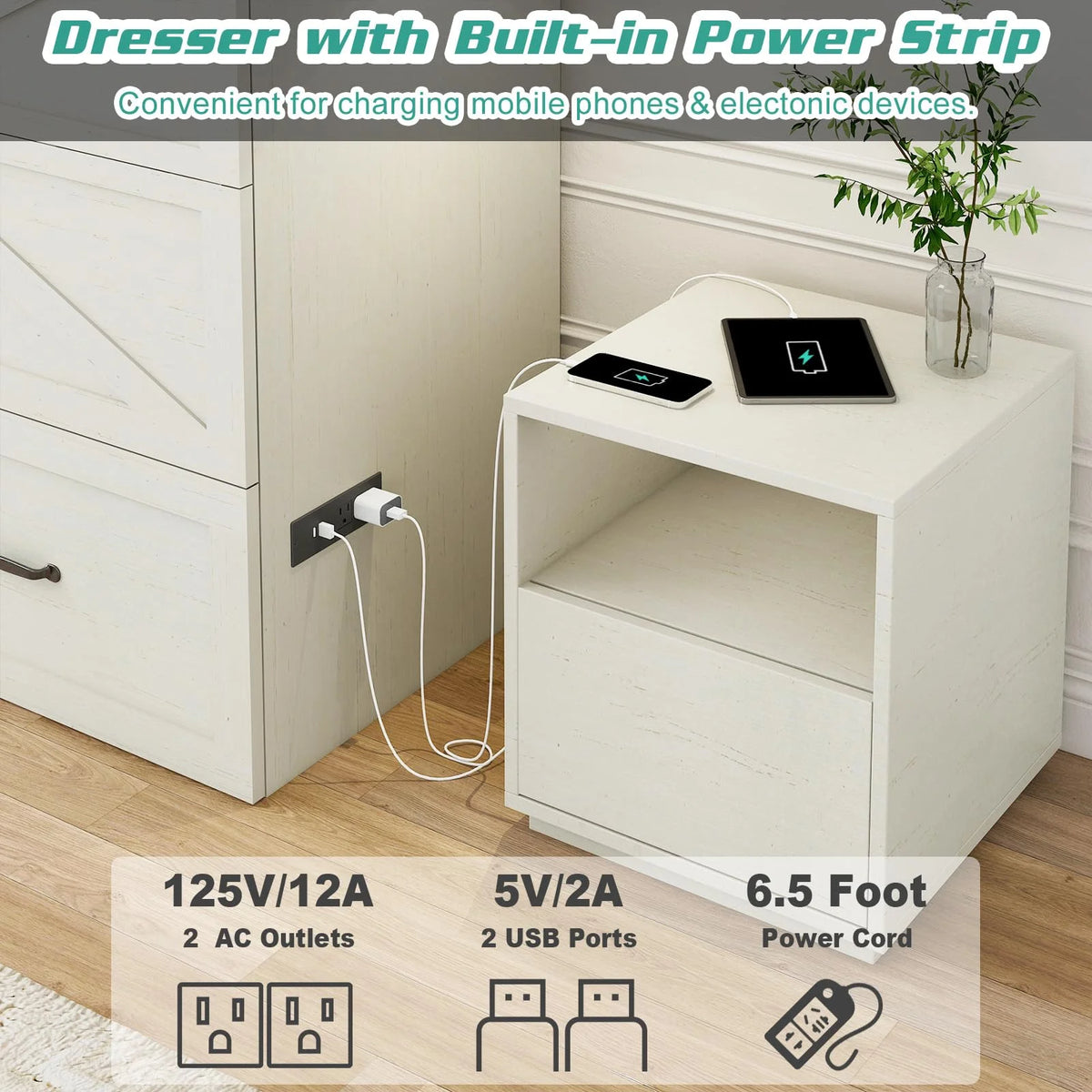 ANPOO Full Size Murphy Chest Bed with Drawer and Power Outlets, Farmhouse Wood Hidden Folding Bed Chest w/2 Storage Drawers, Multifunctional Storage Cabinet Bed for Bedroom,White
