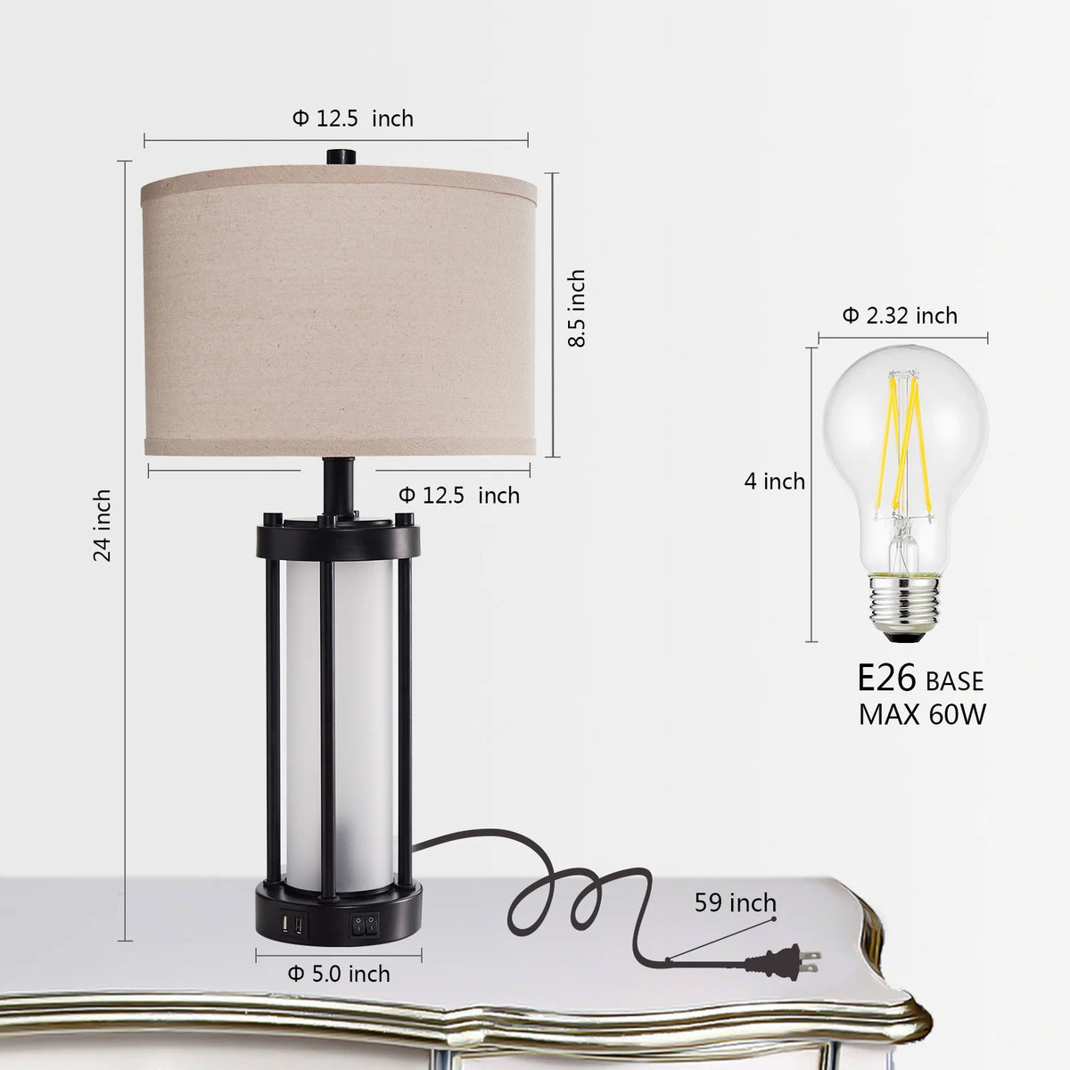RORIA 24 Modern Living Room Table Lamp 2-Piece Set with 2 USB Charging Ports, Built-in White Frosted Glass with Night Light, Black Vintage Rustic Farmhouse Lamp for Bedroom Nightstand Lamps