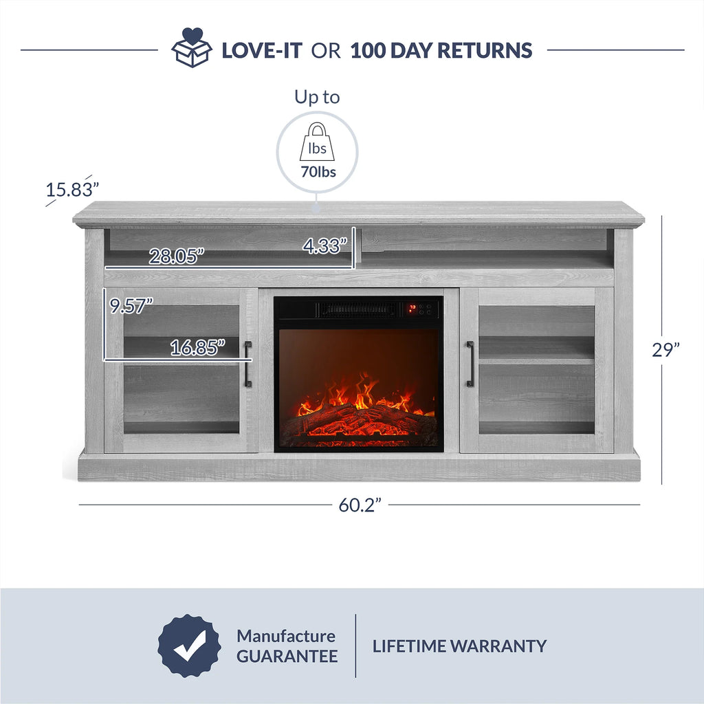 BELLEZE 60" TV Stand with 18" Electric Fireplace, Traditional TV Stand for TVs up to 65", Modern Media Entertainment Center Console Table with Open Storage Shelves & Cabinets - Cayman (Rustic Grey)