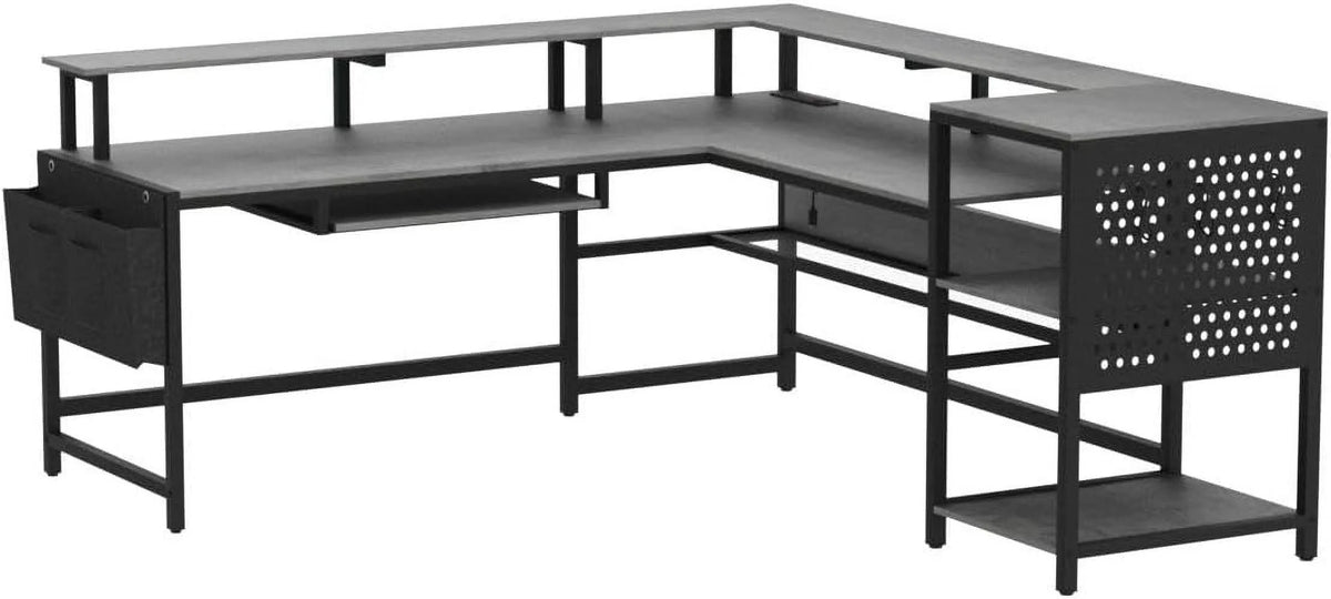 SEDETA L Shaped Gaming Desk, Reversible Computer Desk, Gaming Desk with Power Outlets & LED Strip, Monitor Shelf, Keyboard Tray, Pegboard and Storage Shelves for Home Office, Black