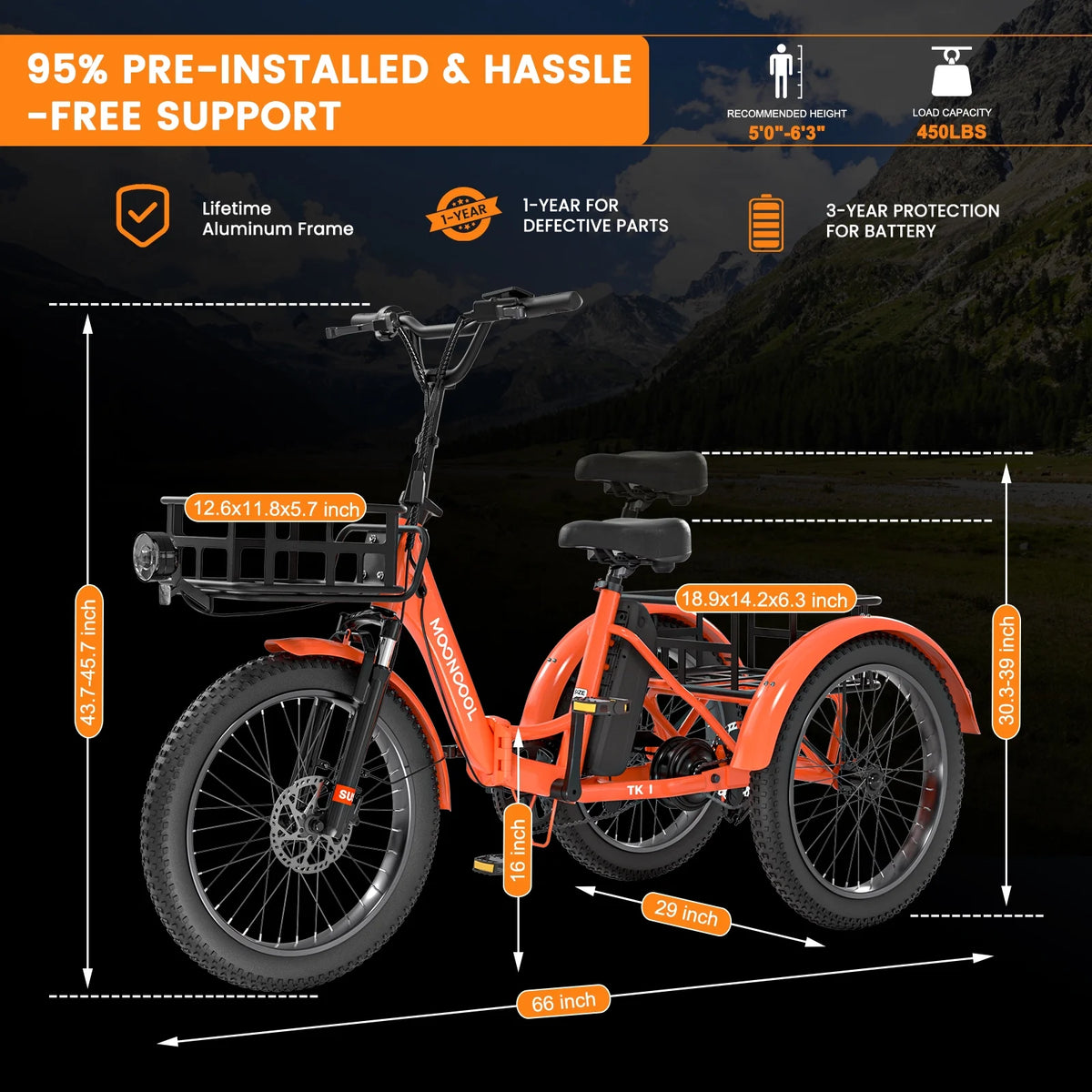 MOONCOOL TK1 Folding Electric Tricycle for Adults,48V 14.5Ah Removable battery, 500W（Peak 1000w）Motor, 20" Fat Tire Step-Thru 3Wheel Electric Bicycle w/Front&Rear Baskets, Certified to UL 2849 by SGS