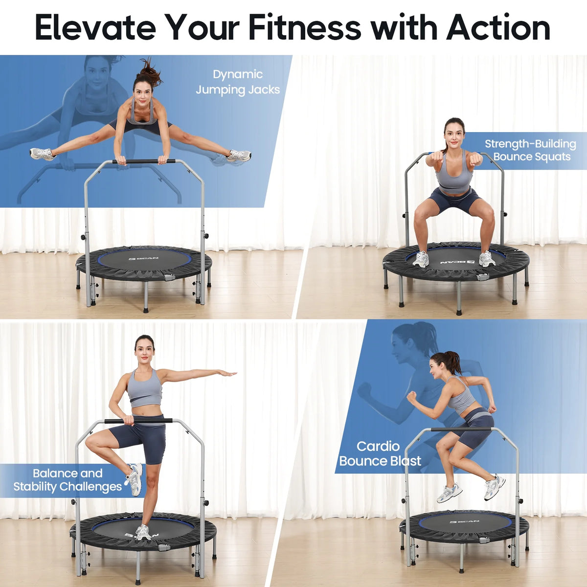 BCAN 40" Foldable Trampoline, Fitness Rebounder with Adjustable Foam Handle, Exercise Trampoline for Adults/kids Indoor/Garden Workout Max Load 330lbs