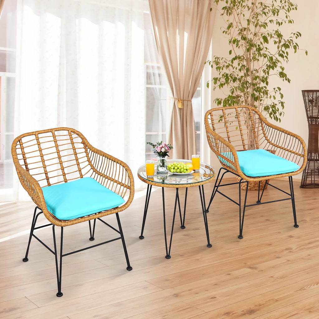 Costway 3PCS Patio Rattan Bistro Furniture Set Cushioned Chair Table Navy