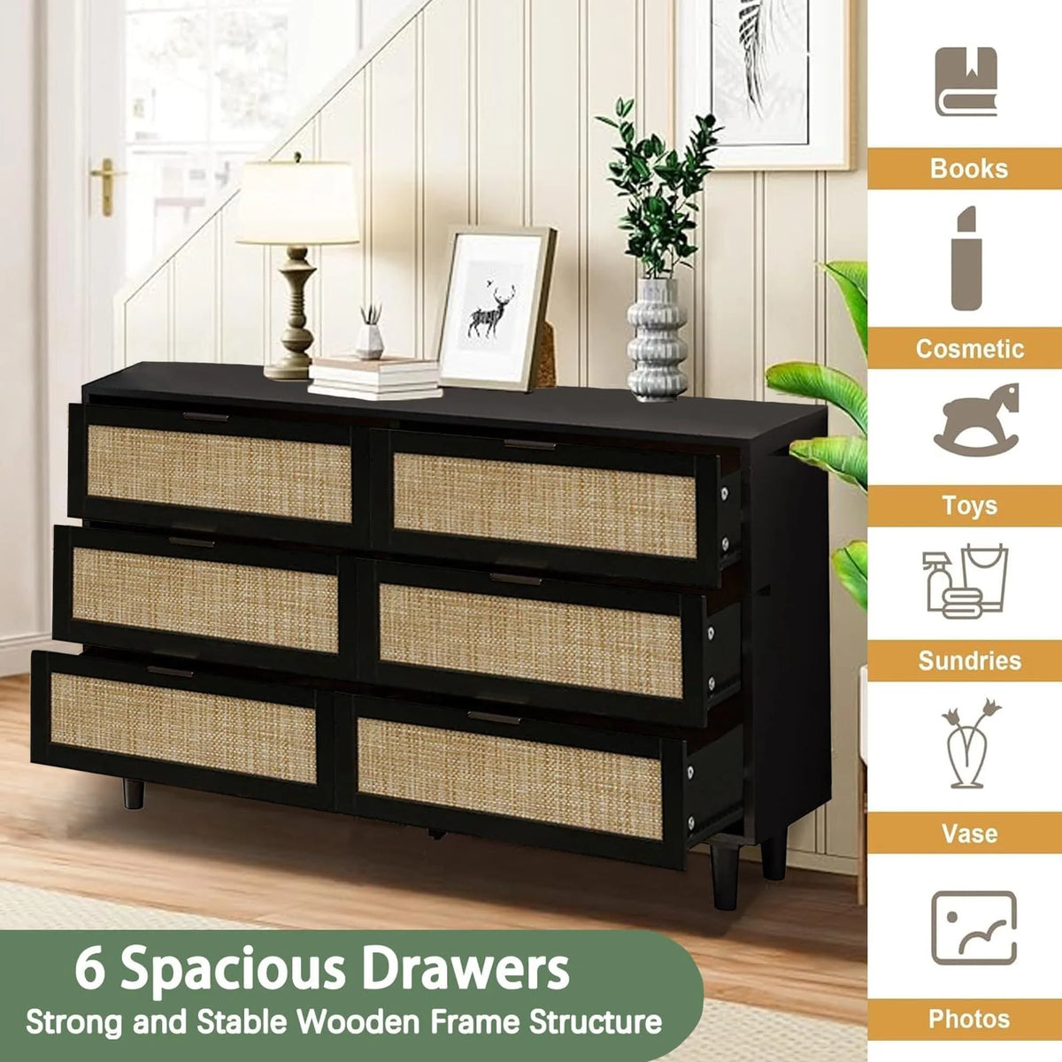 Wide 6 Drawer Rattan Dresser, Boho Dresser for Bedroom, Wooden Dresser Chest of Drawers, Natural