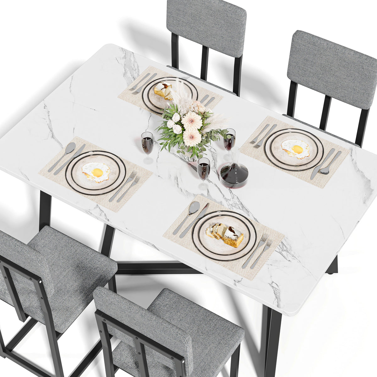 PORKISS Dining Table Set for 4, Kitchen Table Set with Chair for 4 with Faux Marble Table and 4 Linen Upholstered Chairs, Dining Room Set for Kitchen Dining Room Small Space, White + Gray + Black