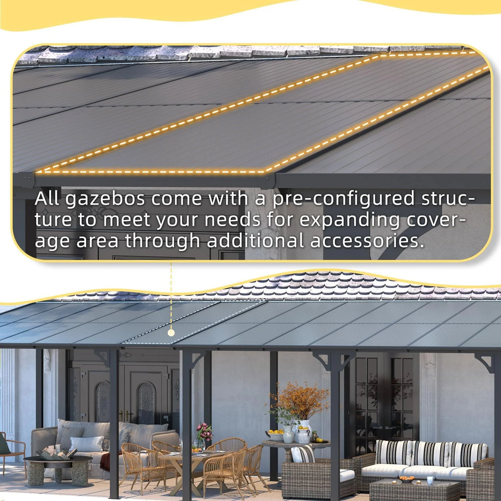 12' x 14' Outdoor Pergola Gazebo, Wall-Mounted Lean to Metal Awnings Gazebos on Clearance for Patio, Large Panel Roof Pergolas and Gazebo for Outdoor Use