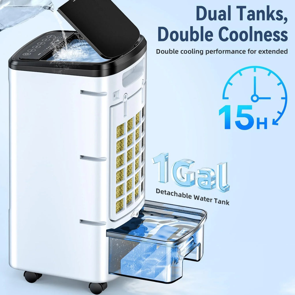 Portable Windowless Air Conditioner with 6 Ice Packs, 12H Auto-Off Smart Timer, 26Ft Remote Control, Top-Fill Dual Tank Evaporative Cooler, 3-Speed Cooling & 70 Auto-Swing for Indoor Use