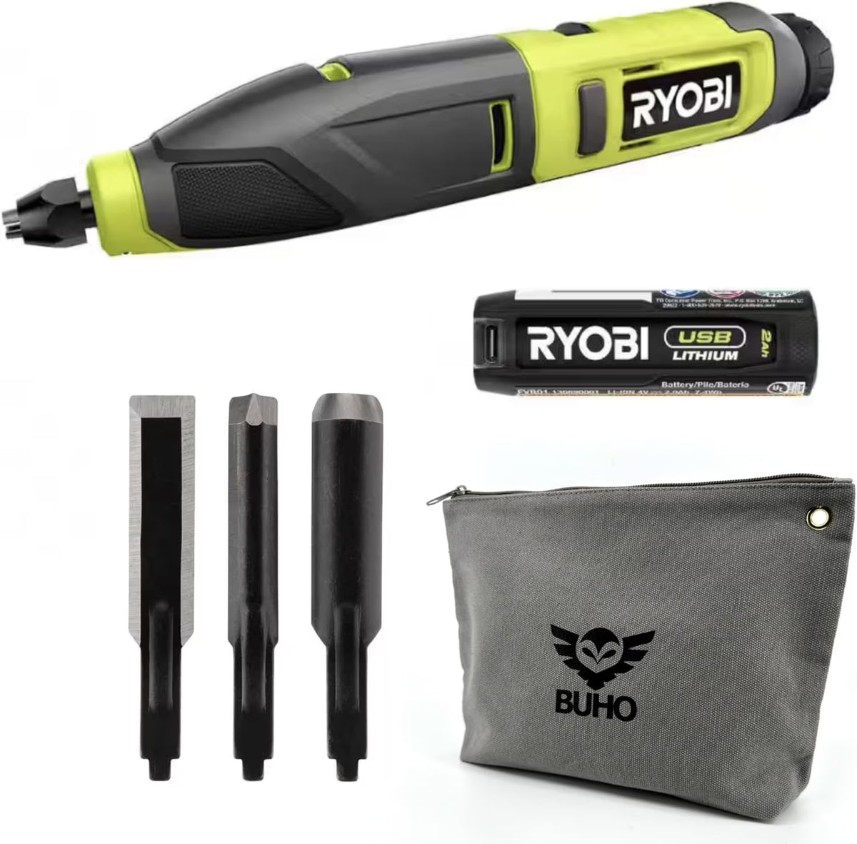 Power Carver Bundle with Ryobi Carver and Buho Tool Pouch, USB Lithium 2.0 Ah Battery and Charging Cable -  Wood Carving Tool - Includes Straight Chisel, U-Gouge and V-Gouge Blades