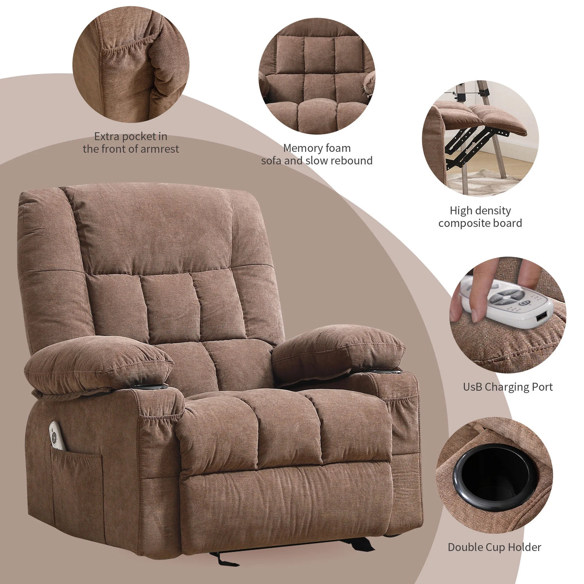 JONPONY Manual Recliner Chair with Heat Therapy and Massage Function, Heavy Duty Reclining Mechanism Massage Chair, Elderly Single Rocker Sofa with Cup Holders for Bedroom Home Theater,Blue