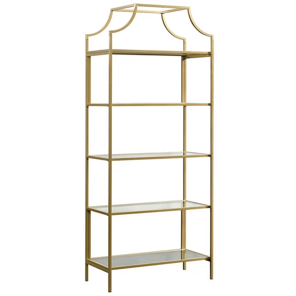Pemberly Row 5-Shelf Modern Metal Bookcase in Gold Satin/Faux Deco Stone