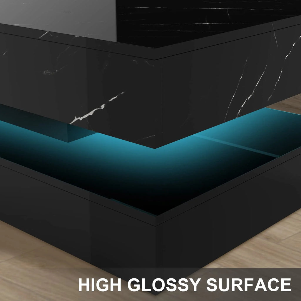 ChVans Large Black LED Coffee Table with 2 Storage Drawers, Modern High Gloss Coffee Table w/20 Colors LED Lights/APP Control, 2 Tiers Rectangle Large Living Room Furniture w/Marbling Print(47.3")