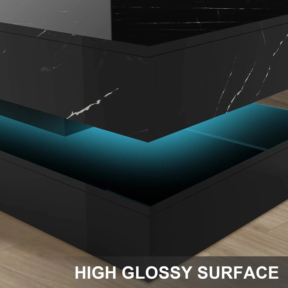 ChVans Large Black LED Coffee Table with 2 Storage Drawers, Modern High Gloss Coffee Table w/20 Colors LED Lights/APP Control, 2 Tiers Rectangle Large Living Room Furniture w/Marbling Print(47.3")