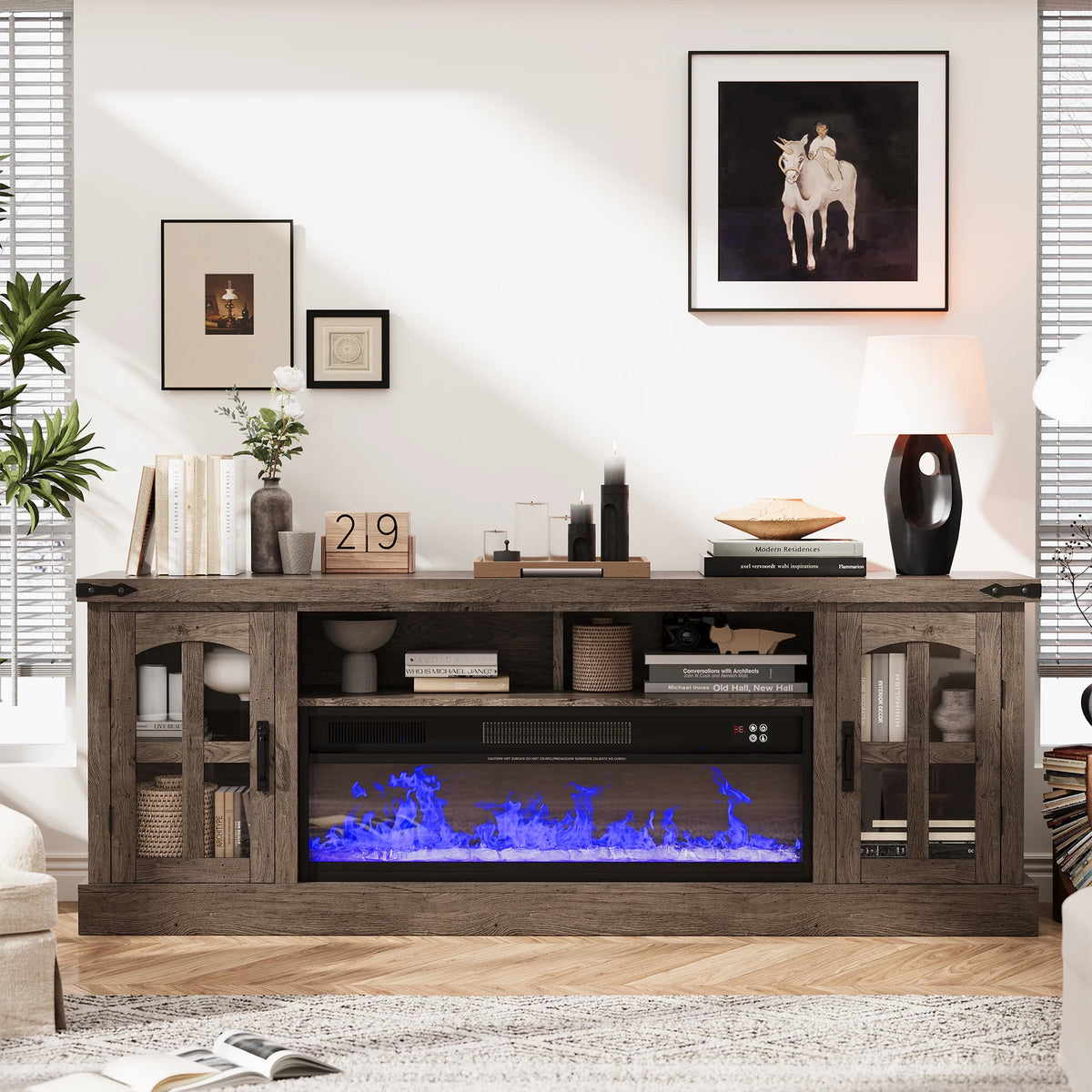 Planntonneo Mid-Century Modern Fluted TV Stand Wooden Media Console Entertainment Center for Living Room, Walnut Color
