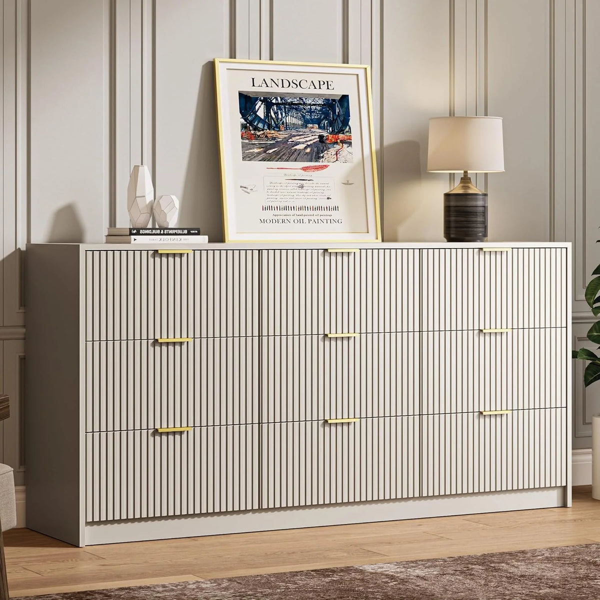 Furniway Fluted Large 9-Drawer Black Dresser