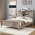 Merluxy Farmhouse Full Bed Frame with Storage Bookcase & Charging Station, Bedroom Furniture, Grey