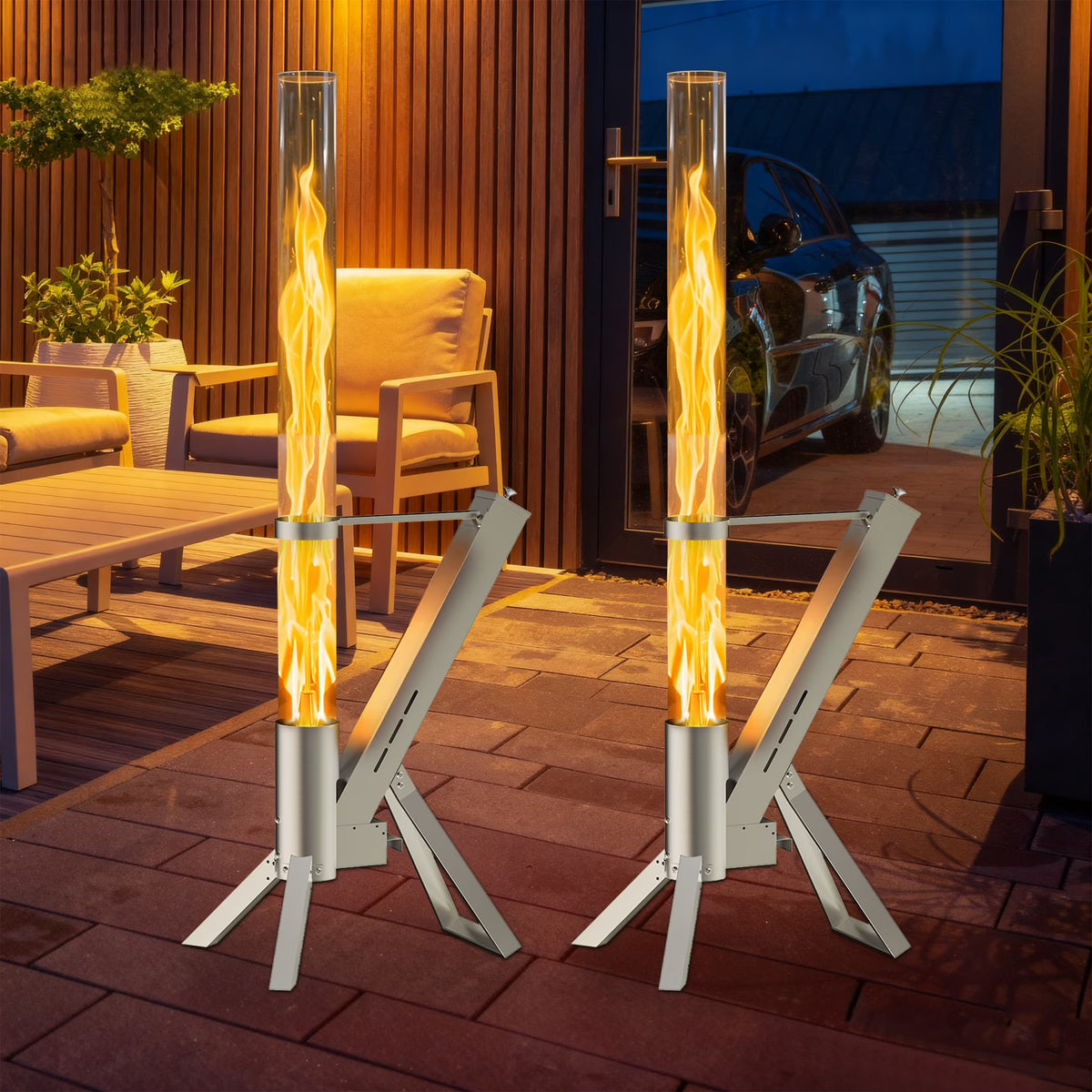 Enyopro 2 Piece Outdoor Smokeless Pellet Heater, Portable 430 Stainless Steel Glass Tube, Patio Pellet Torch with Tripod, Upgraded Ashtray, Eco-Friendly Wood Heater for Backyard, Patio, Camping