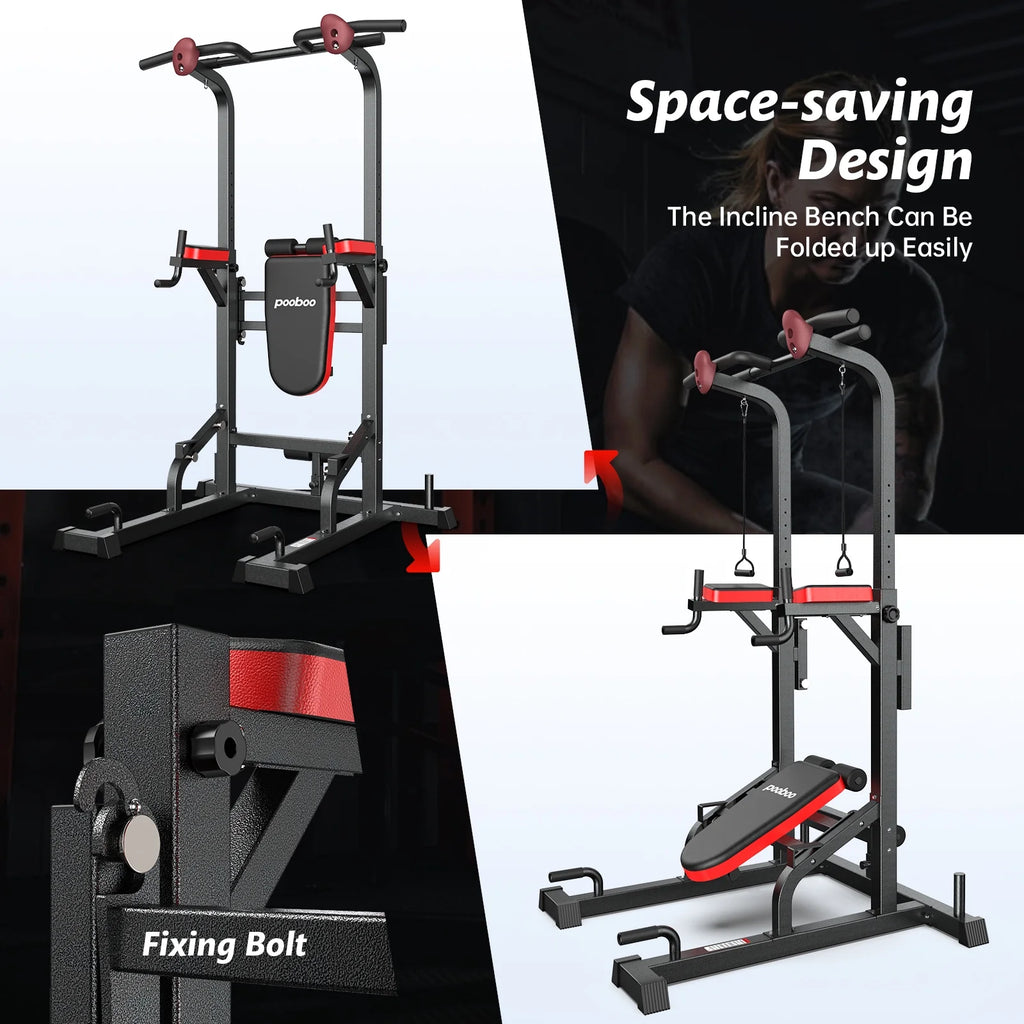 LNOW Multifunction Power Tower Pull up Bar Dip Station Power Rack with Adjustable Backrest for Home Gym Strength Training Workout Equipment Max Weight 480lbs