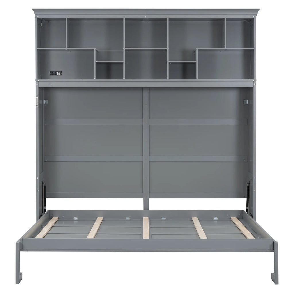 Queen Size Murphy Bed Wall Bed with Top Shelves & USB Charging, Space-Saving Cabinet Bed with Flexible Slats, Gray Modern Foldable Bed