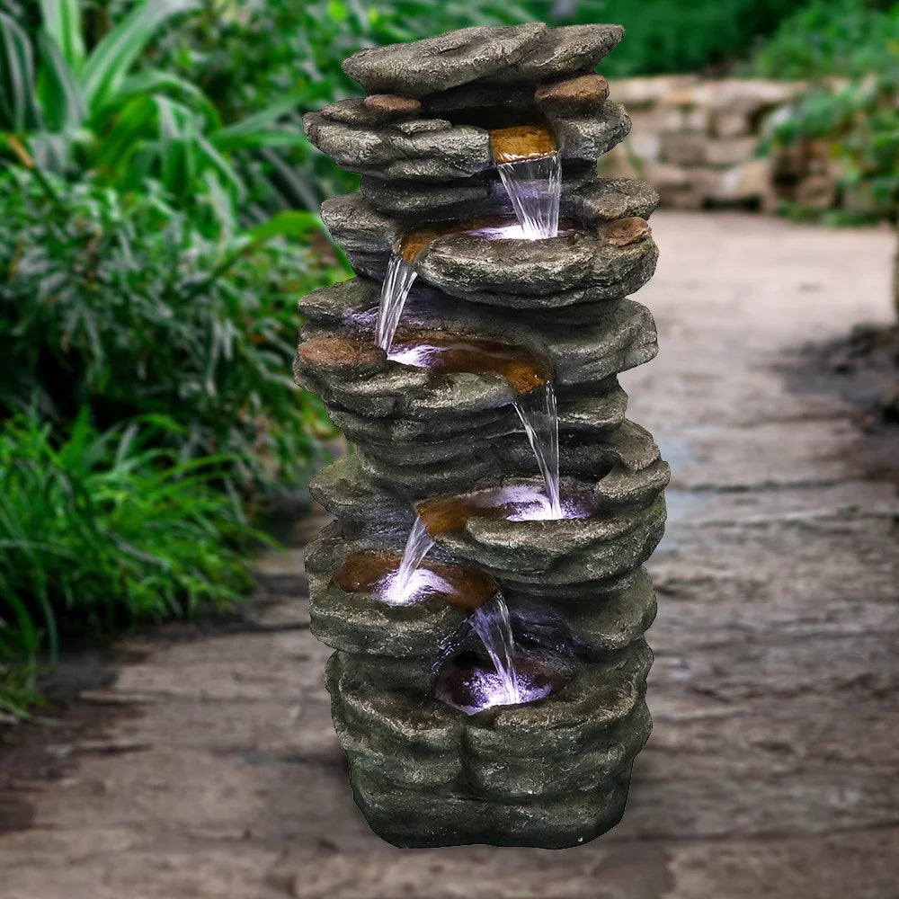 Willwolf Outdoor Water Fountain with LED Lights, 6-Tiered Electric Resin Waterfall for Garden Patio Lawn Yard and Porch