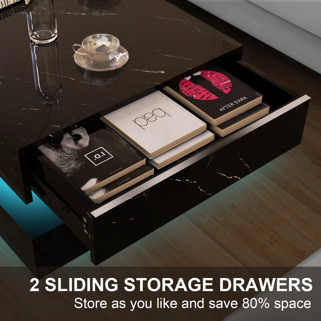 ChVans Large Black LED Coffee Table with 2 Storage Drawers, Modern High Gloss Coffee Table w/20 Colors LED Lights/APP Control, 2 Tiers Rectangle Large Living Room Furniture w/Marbling Print(47.3")