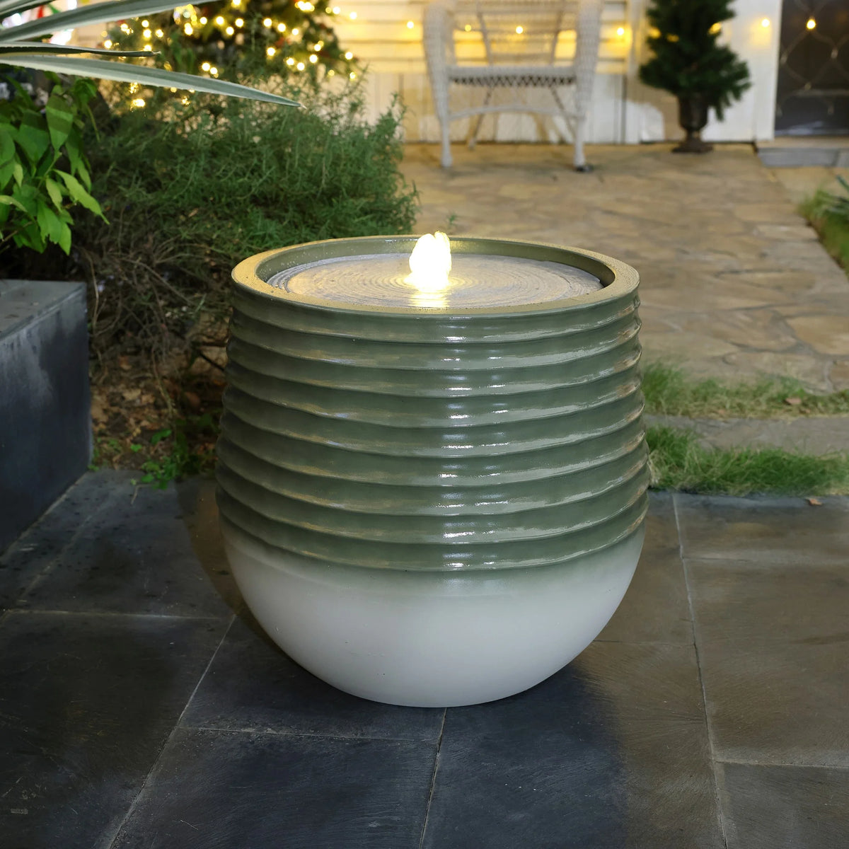 LuxenHome 20" Resin Lighted Garden Bubbling Water Fountain with Emerald Ribbed Top and Ivory Bottom