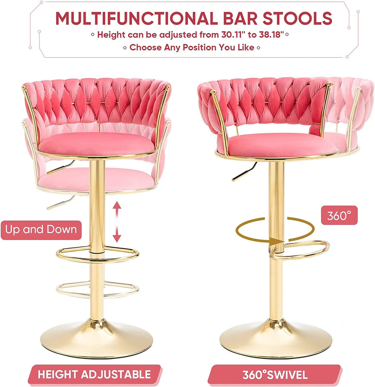 KINFFICT Upholstered Adjustable Swivel Barstool Set of 2, Velvet Bar Height Bar Stools Counter Height Bar Stools, Pink