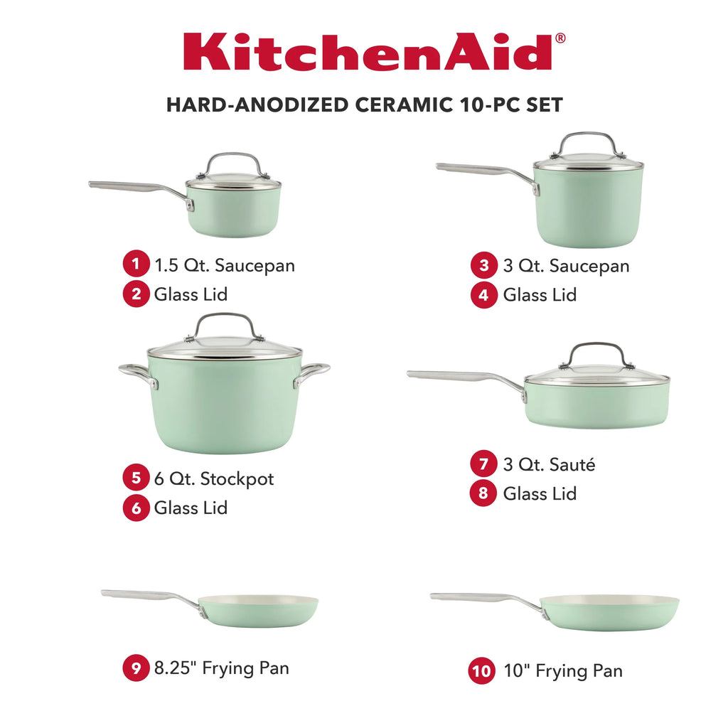 KitchenAid Hard Anodized 10 Pcs Ceramic Nonstick Cookware Pots and Pans Set, Oven Safe to 500F, Pistachio