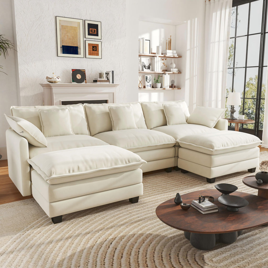BedLuxury 111.5'' Modular Sectional Sofa with Movable Ottomans, U Shaped Cloud Couch for Living Room, 3-Seat, Beige