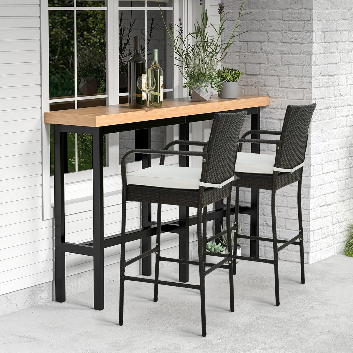 Gymax Set of 2 Wicker Bar Stools Set Outdoor High Back Bar Counter Chairs w/ Cushions