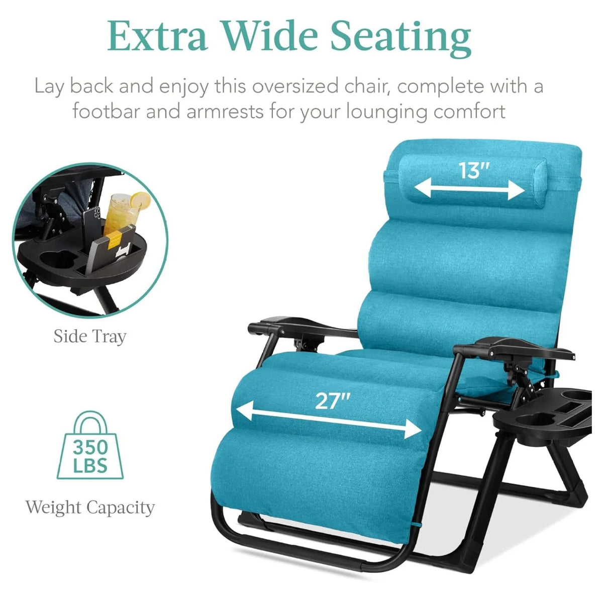Oversized Chair, Folding Outdoor Patio Recliner, XL Anti Gravity Lounger w/Removable Cushion, Cup Holder, Side Tray, 350lb Capacity - Taupe