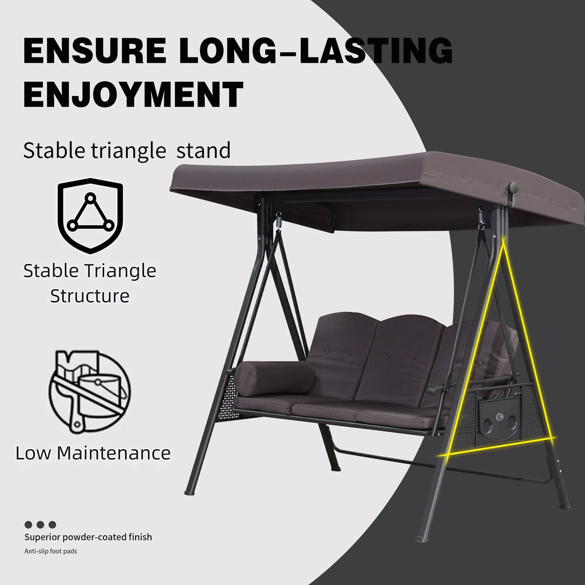 PURPLE LEAF 3-Seat Deluxe Outdoor Patio Porch Swing with Weather Resistant Steel Frame, Adjustable Tilt Canopy, Cushions and Pillow Included, Terra