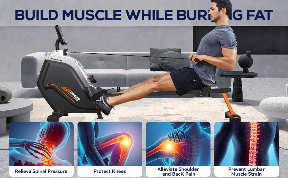 Pooboo Build-in Bluetooth Magnetic Rowing Machines Rower Foldable 16 Level Resistance Indoor Rower Machines Home Exercise 350lb
