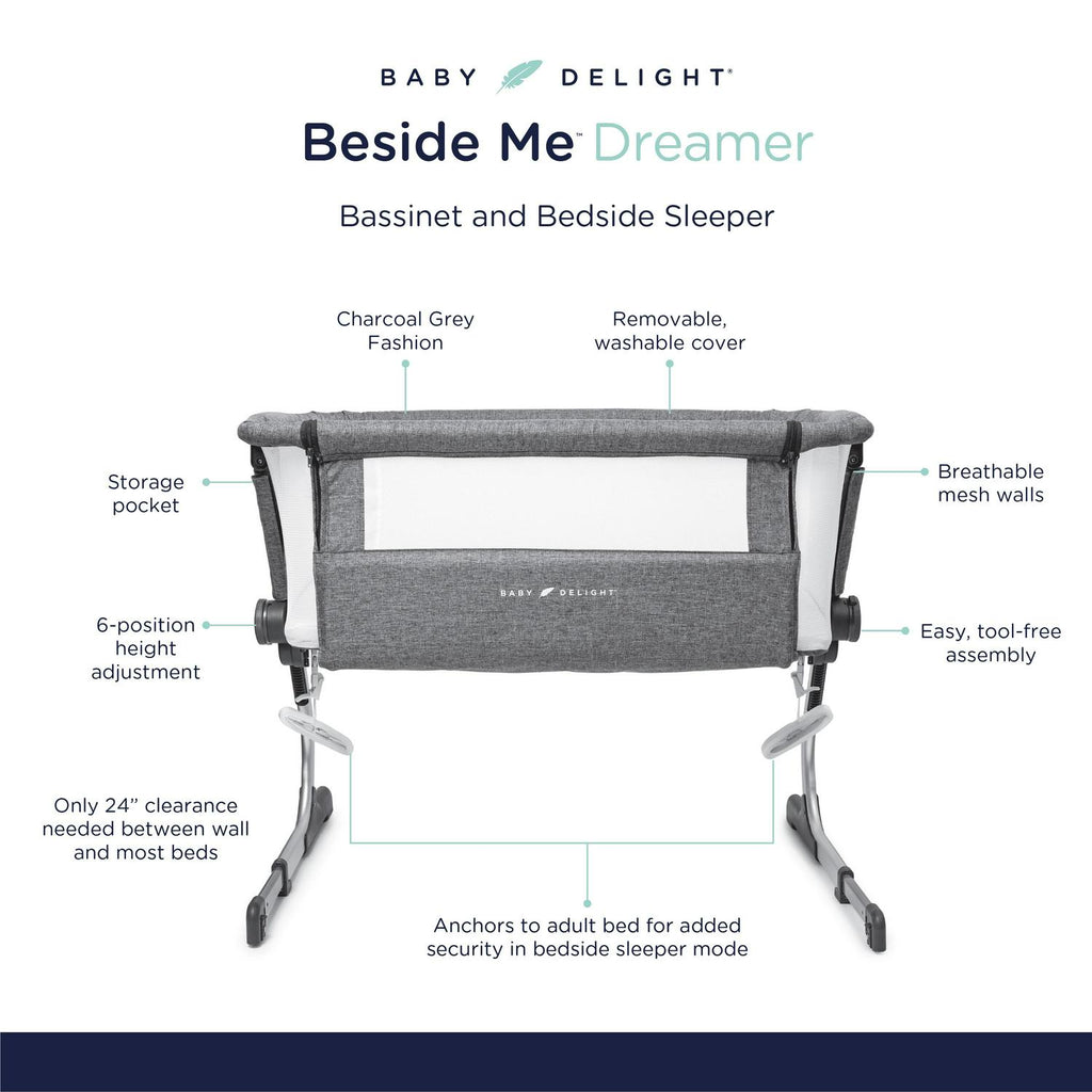 Baby Delight Beside Me Dreamer Bassinet &amp; Bedside Sleeper. Charcoal Tweed. Ages 0-5 Months (Unisex)