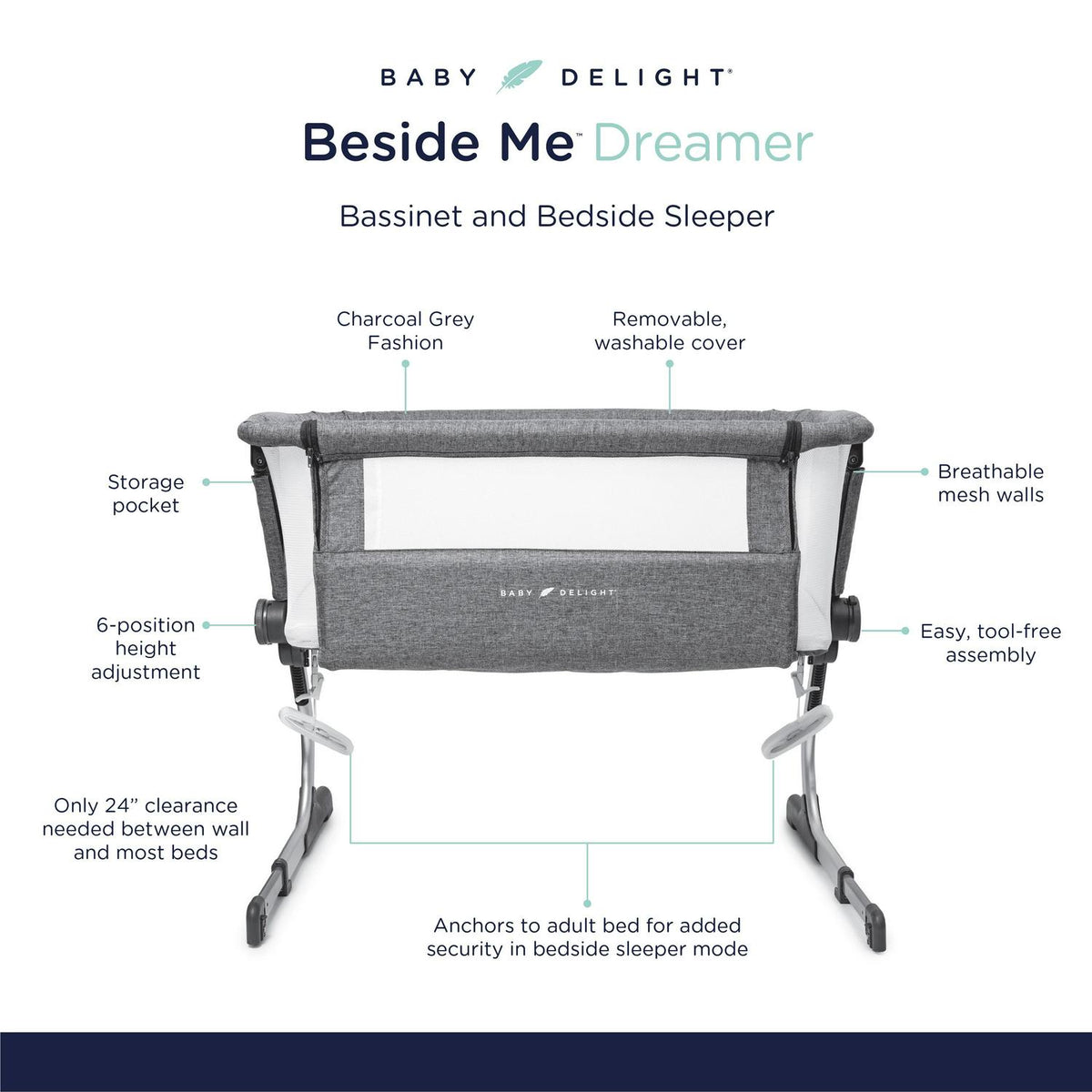 Baby Delight Beside Me Dreamer Bassinet &amp; Bedside Sleeper. Charcoal Tweed. Ages 0-5 Months (Unisex)