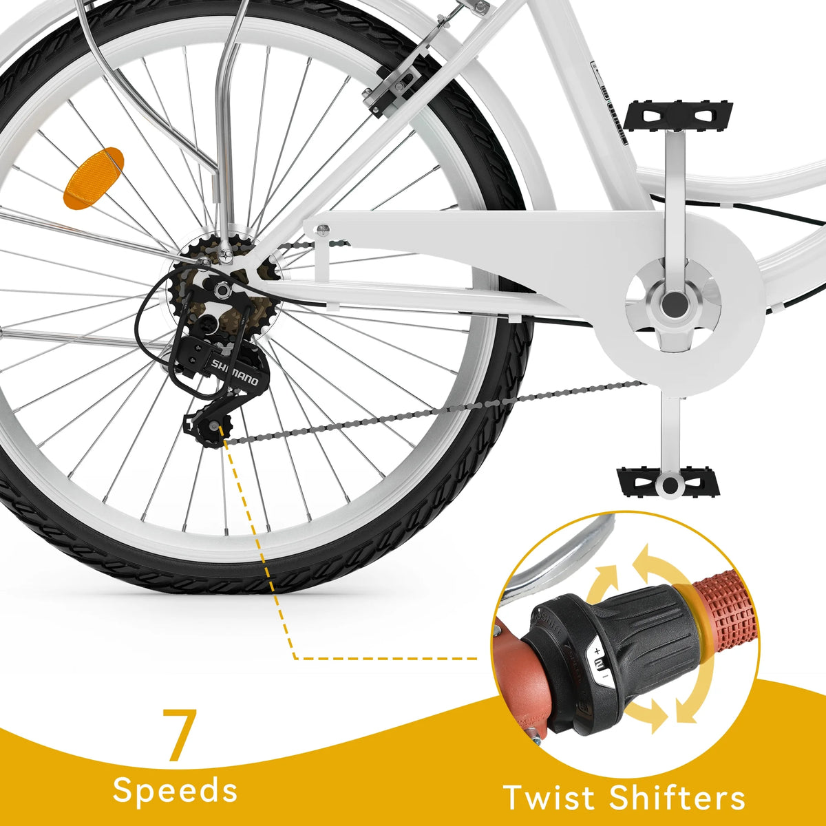 Dextrus 26 Inch Beach Cruiser Bike for Women - 7 Speed Commute Bike for Adults - Womens Bicycle with Adjustable Seat in White