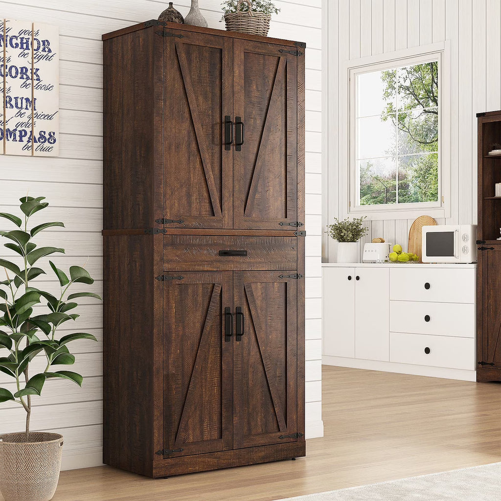 72" Tall Farmhouse Kitchen Pantry Cabinet w/1 Drawer & 4 Roomy Storage Shelves, Versatile Wood Storage Cabinet with 4 Barn Door & Adjustable Shelves &  for Dining Room Bathroom Utility Room