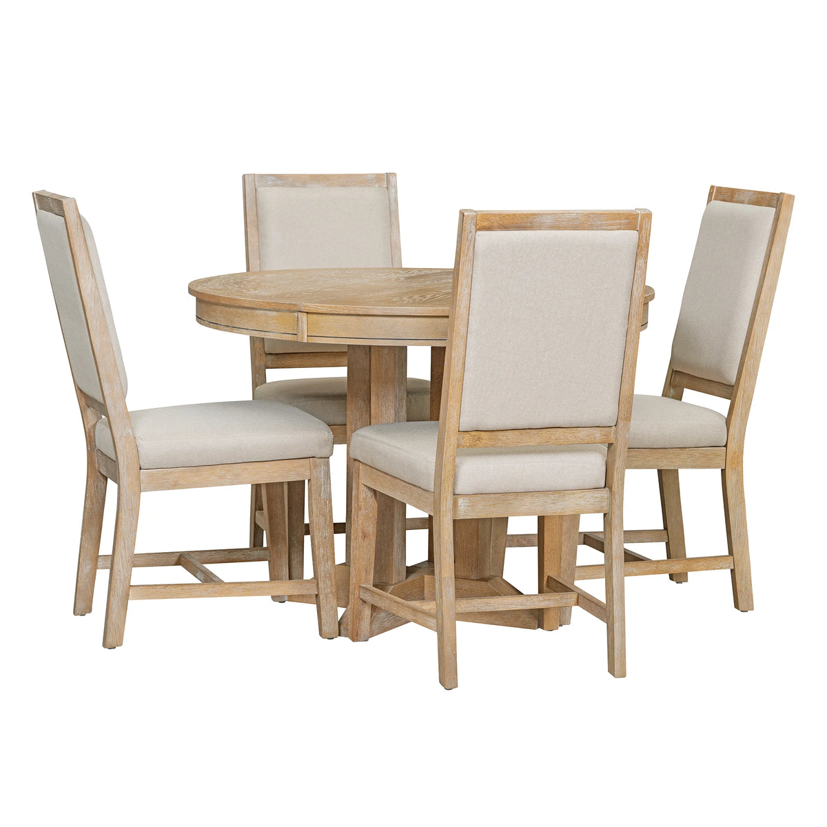 5 Piece Round Dining Table Set, Dining Room Set with Extendable Table and 4 Upholstered Chairs, Wood Dining Table Set for 4, Farmhouse Dining Table Set for Kitchen Dining Room Dorm Apartment, Brown