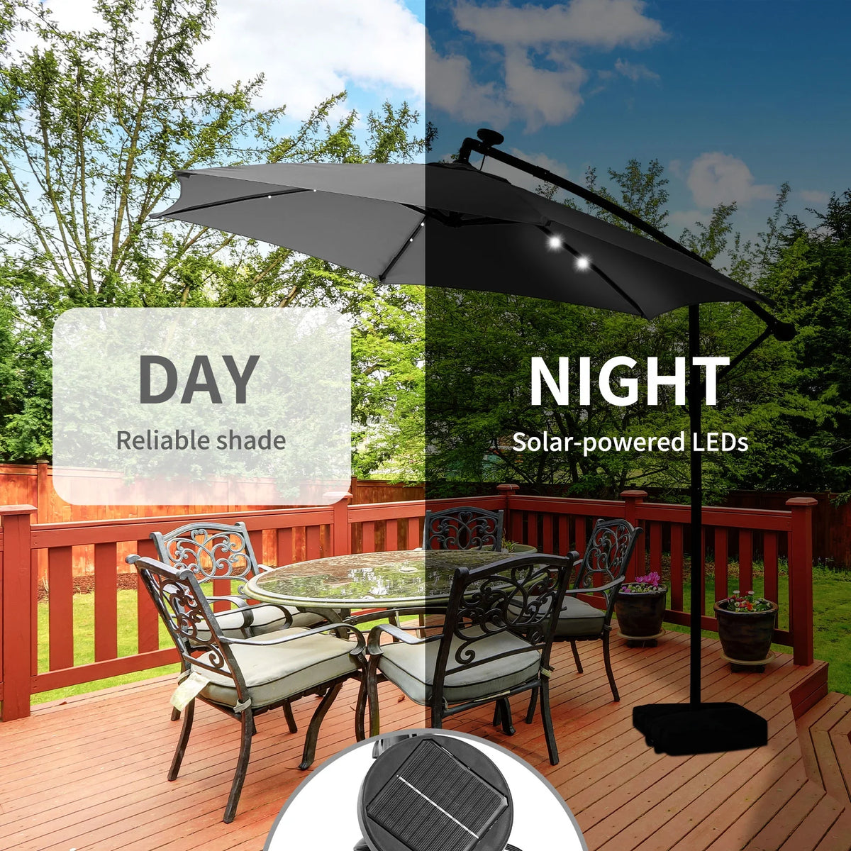 Ainfox 10ft Cantilever Patio Umbrella with Lights, Offset Market Umbrella with Sandbags Weighted Base and Cross Base,Khaki
