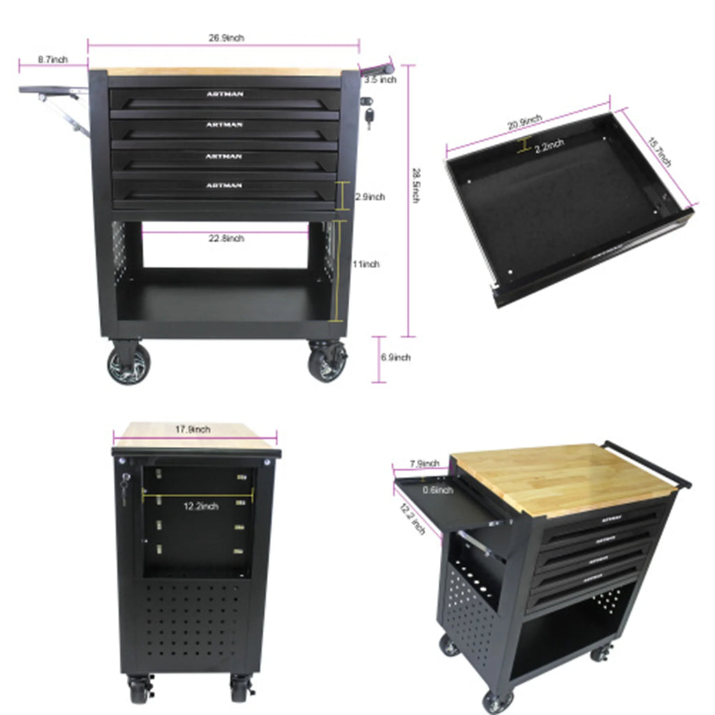 ARTMAN 4-Drawer Tool Cart with Wheels and Drawers ,Wood Top Tool Box Cart for Workshop Warehouse Garage