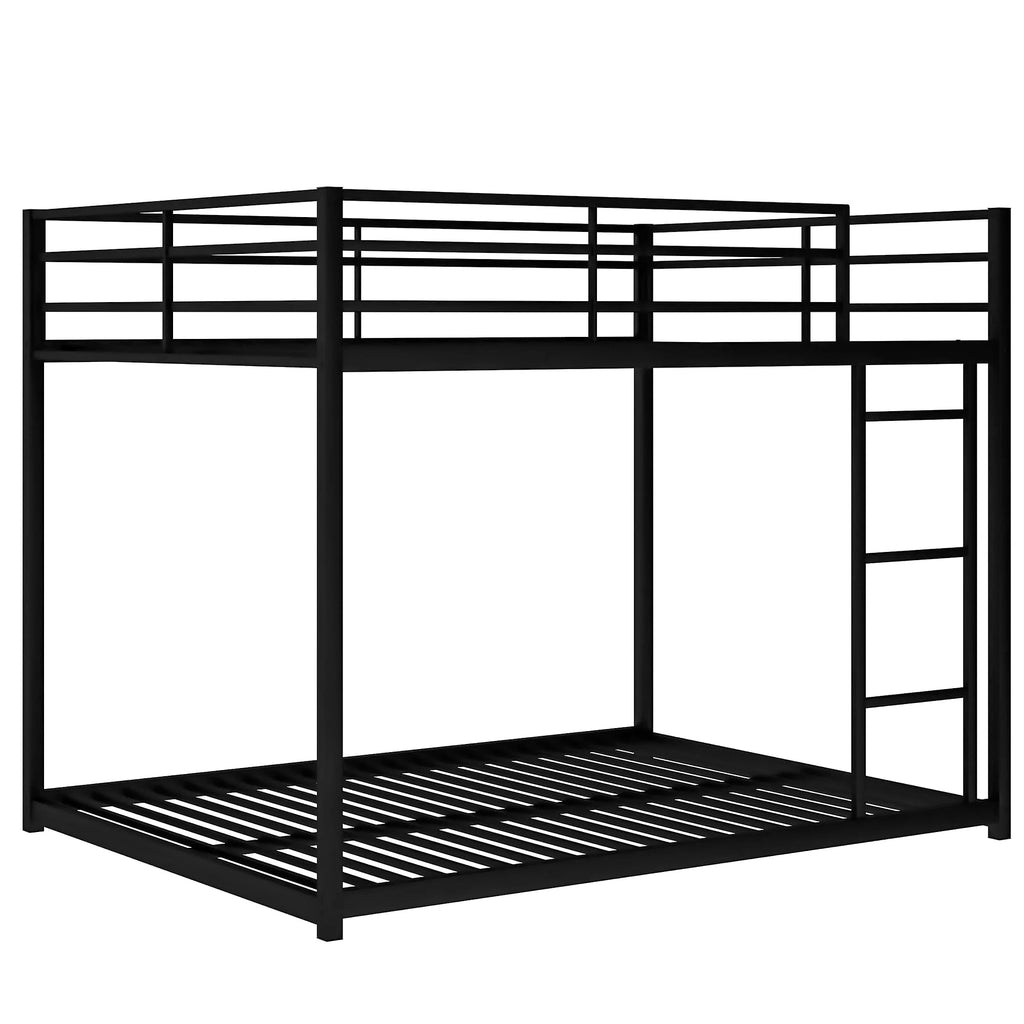 Full Over Full Metal Low Bunk Bed for Kids Teens Adults, Modern Black Bunk Bed with Heavy Duty Metal Frame, Ladder and Safety Full-Length Guard Rails, Space-Saving