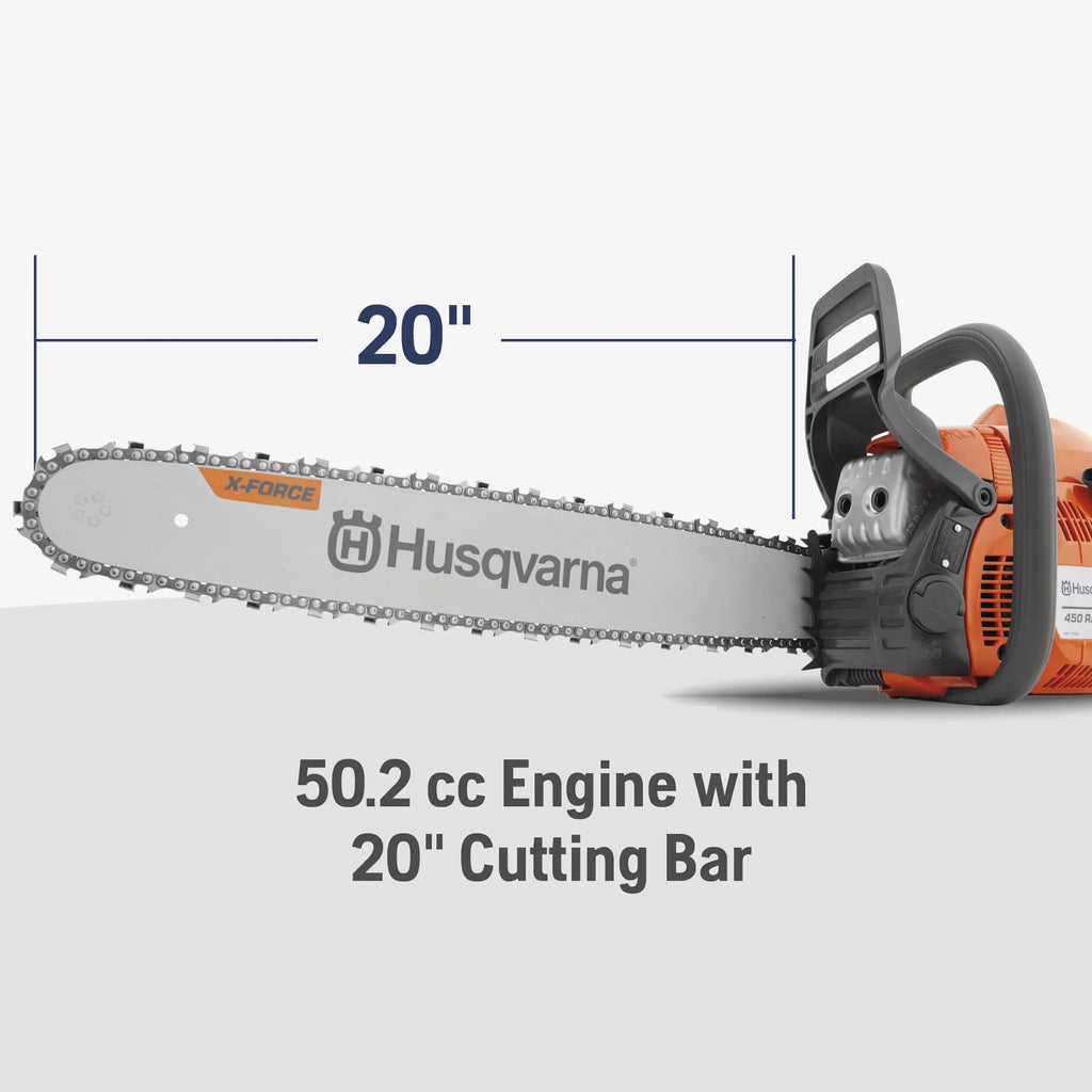 Husqvarna 450 Rancher 20 Inch Gas Chainsaw, 50.2-cc 3.2-HP, 2-Cycle X-Torq Engine, For Tree Pruning, Yard Cleanups and Firewood Cutting