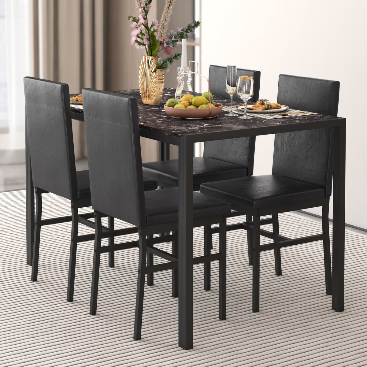 5 Piece Dining Set, Modern Dining Table and Chairs Set for 4, Counter Height Bar Table Set, Modern Pub Table with 4 Velvet Fabric Cushioned Stools, Faux Marble Dining Table & Stools Set, D9297