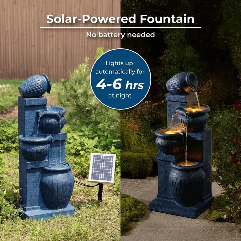 Teamson Home Outdoor Water Fountain with Lights 4-Tier Cascading Bowl Design with LED Light & Solar Pump, Solar-Powered Water Fountain Outdoor Garden, Yard, or Patio Dcor, Navy Blue