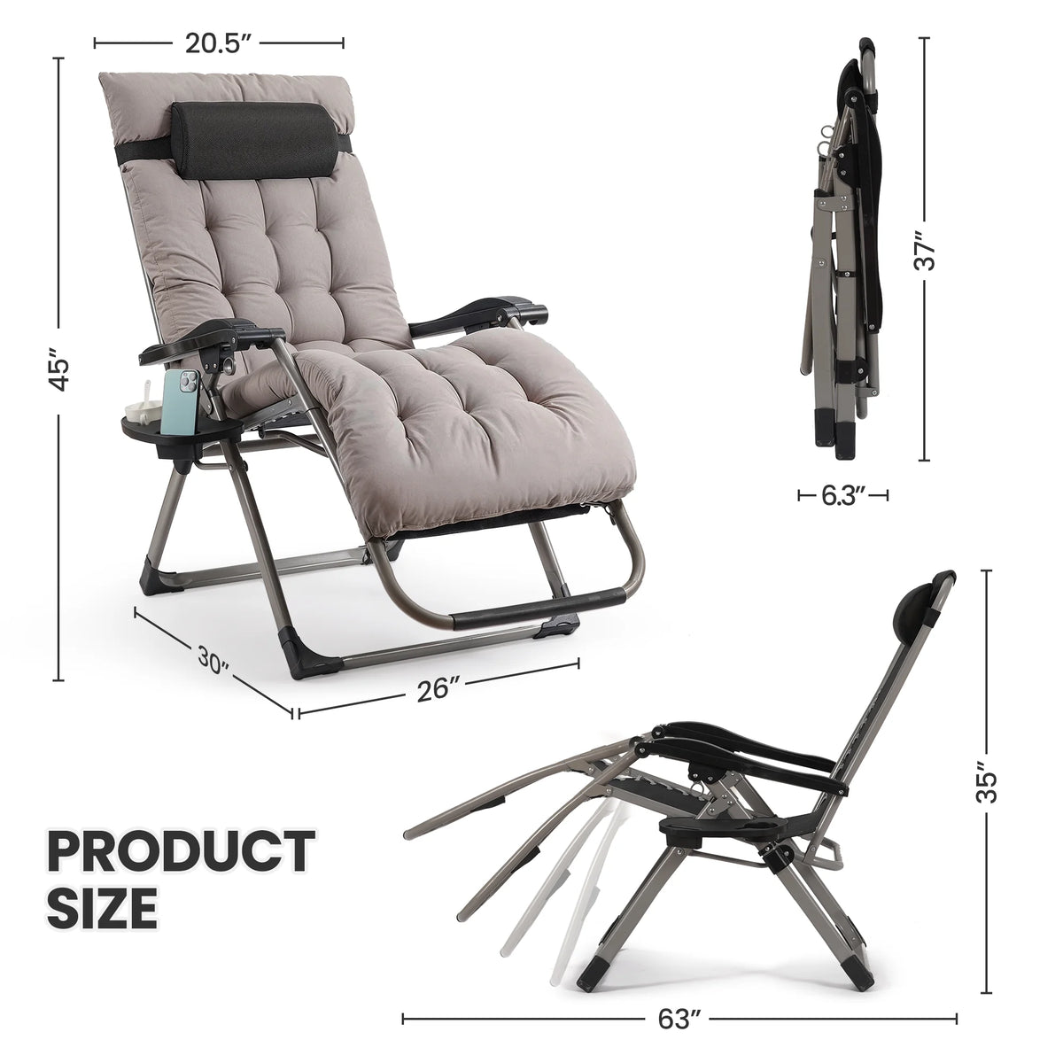 Naipo Zero Gravity Chair, Folding Adjustable Indoor Outdoor Foldable Padded Lounge Chair Reclining Lounge Chair with Removable Cushion, Headrest and Cup Holder, 353lbs